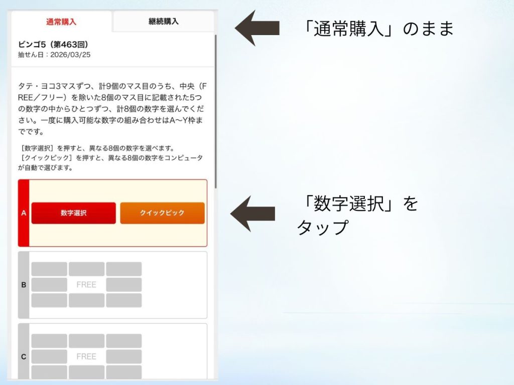 ビンゴ5の購入手順（通常購入で数字選択をタップする画面）