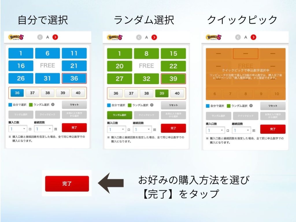 ビンゴ5の購入手順（自分で選択・ランダム選択・クイックピックの比較画面）