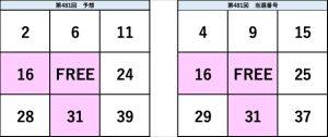 ビンゴ5第481回の予想数字と当選番号の比較表。予想と結果の一致部分が視覚的に確認できる図。